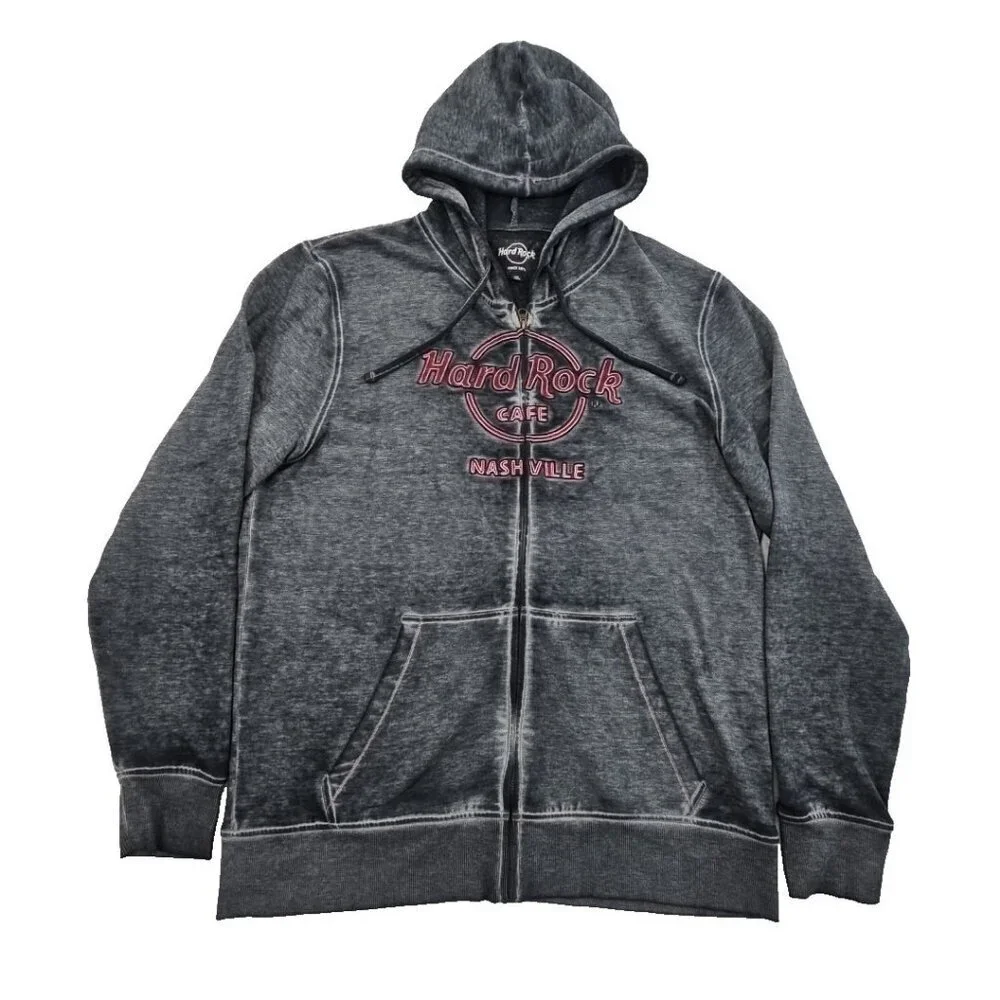 Hard Rock Cafe Nashville Full Zip Hoodie Men's XXL Acid‎ Black Embroidery